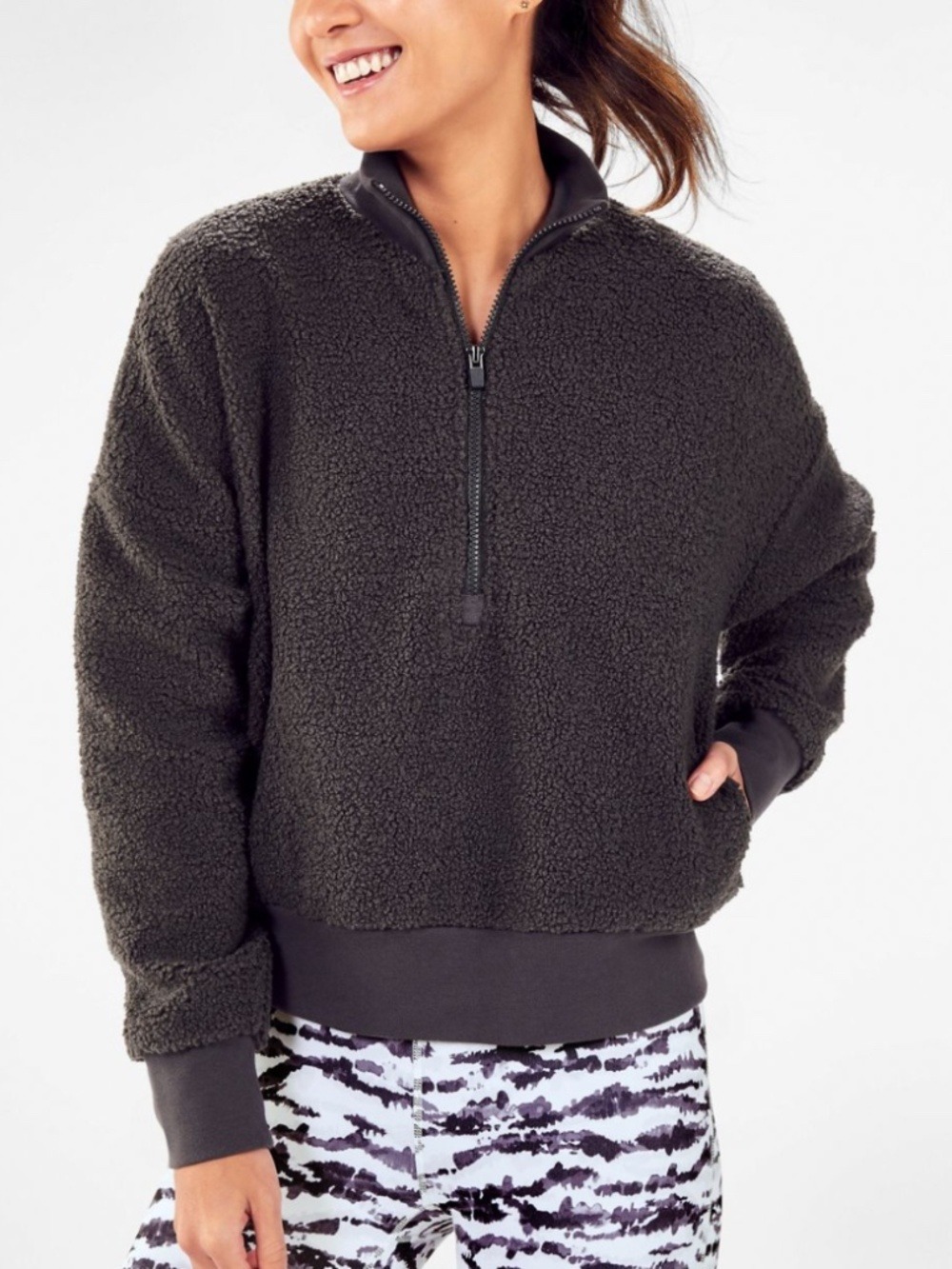 Fabletics dream polar fleece pullover grey teddy crop quarter zip sweatshirt S